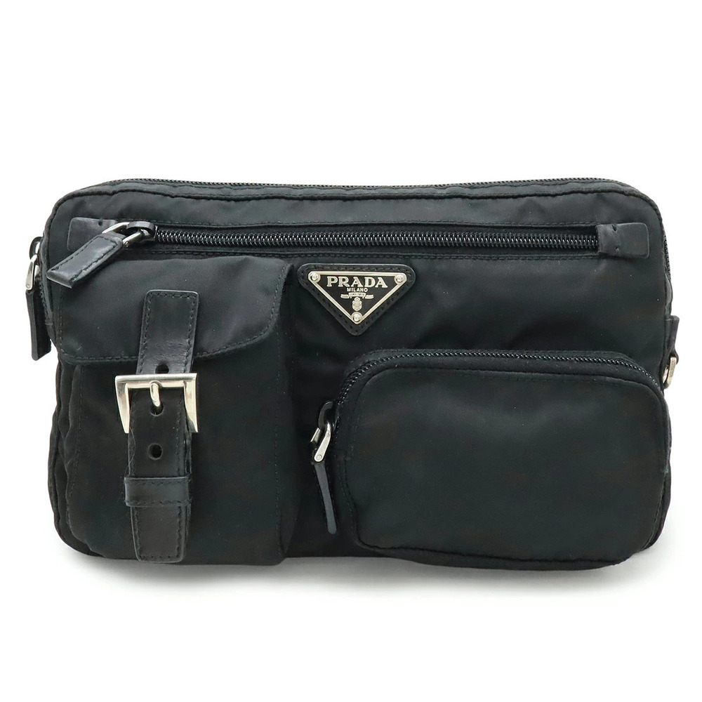 Prada body bag waist Pouch Clutch leather NERO black